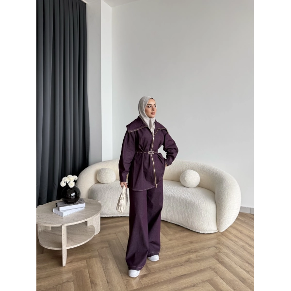 Tb - Selny Fermuarlı Kemerli Kot Takım - Bordo