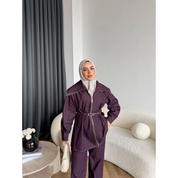 Tb - Selny Fermuarlı Kemerli Kot Takım - Bordo