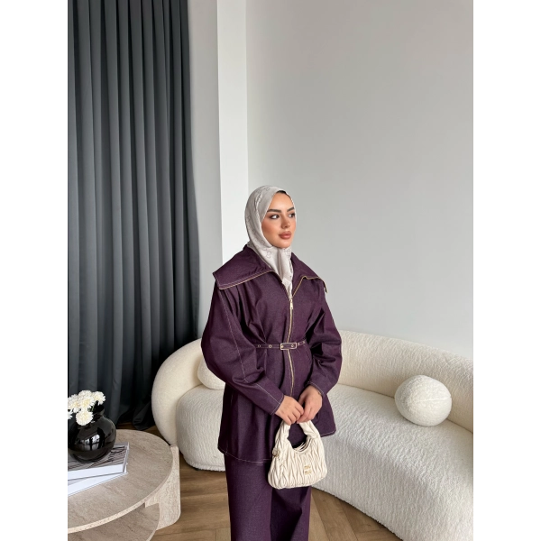 Tb - Selny Fermuarlı Kemerli Kot Takım - Bordo