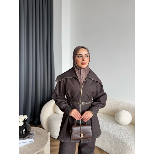 Tb - Selny Fermuarlı Kemerli Kot Takım - Kahve
