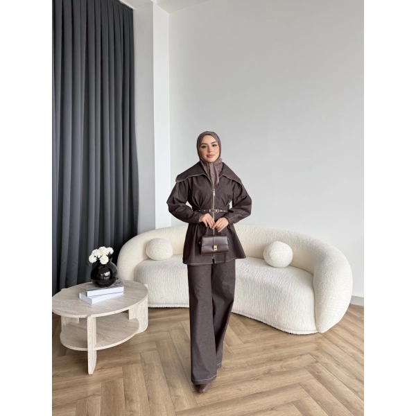 Tb - Selny Fermuarlı Kemerli Kot Takım - Kahve