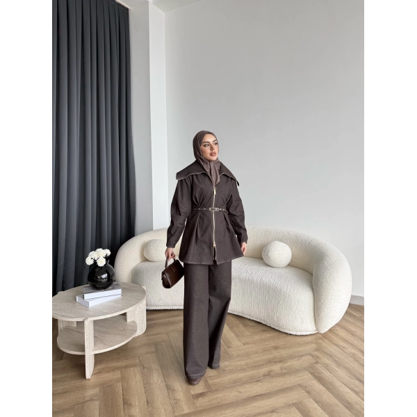 Tb - Selny Fermuarlı Kemerli Kot Takım - Kahve