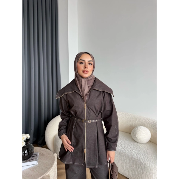 Tb - Selny Fermuarlı Kemerli Kot Takım - Kahve