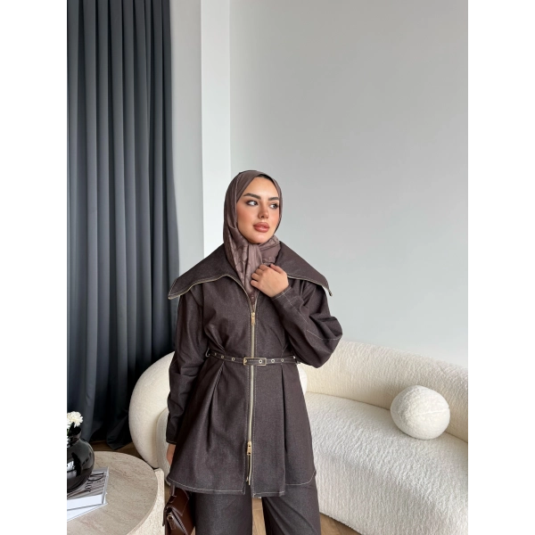 Tb - Selny Fermuarlı Kemerli Kot Takım - Kahve