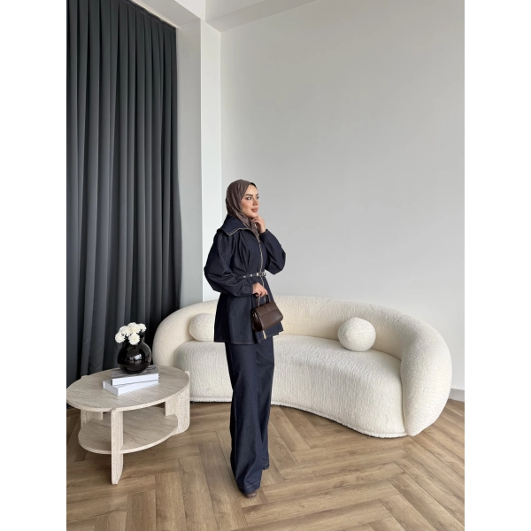 Tb - Selny Fermuarlı Kemerli Kot Takım - Lacivert