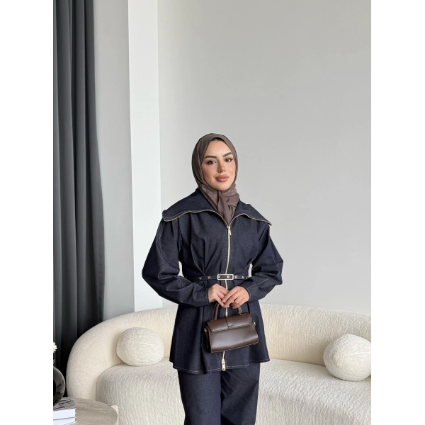 Tb - Selny Fermuarlı Kemerli Kot Takım - Lacivert