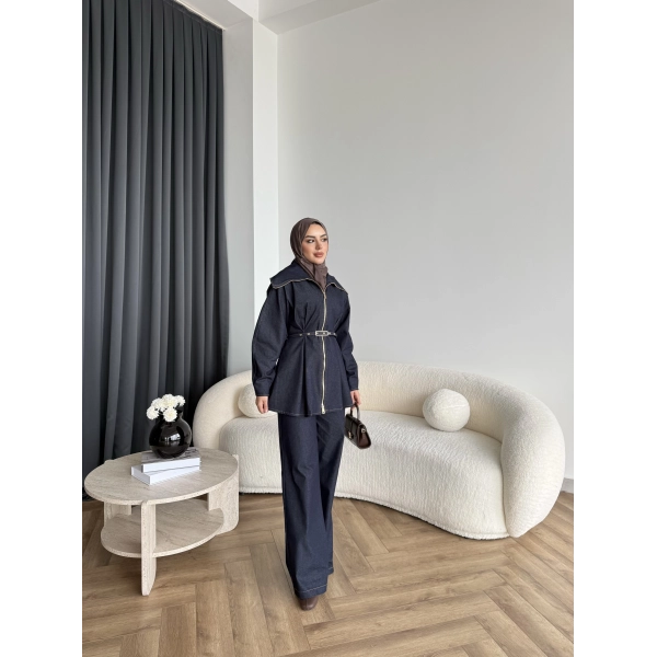 Tb - Selny Fermuarlı Kemerli Kot Takım - Lacivert