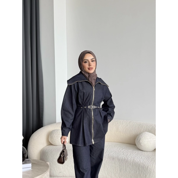 Tb - Selny Fermuarlı Kemerli Kot Takım - Lacivert