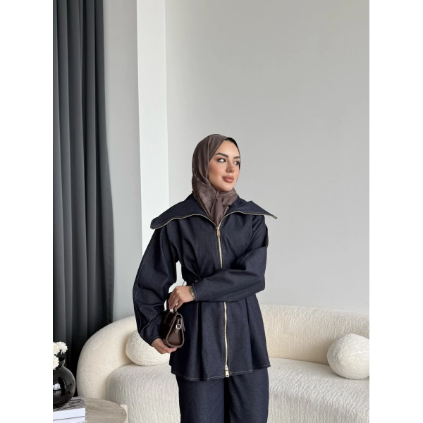 Tb - Selny Fermuarlı Kemerli Kot Takım - Lacivert