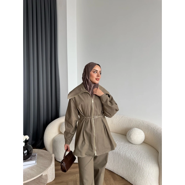 Tb - Selny Fermuarlı Kemerli Kot Takım - Yeşil