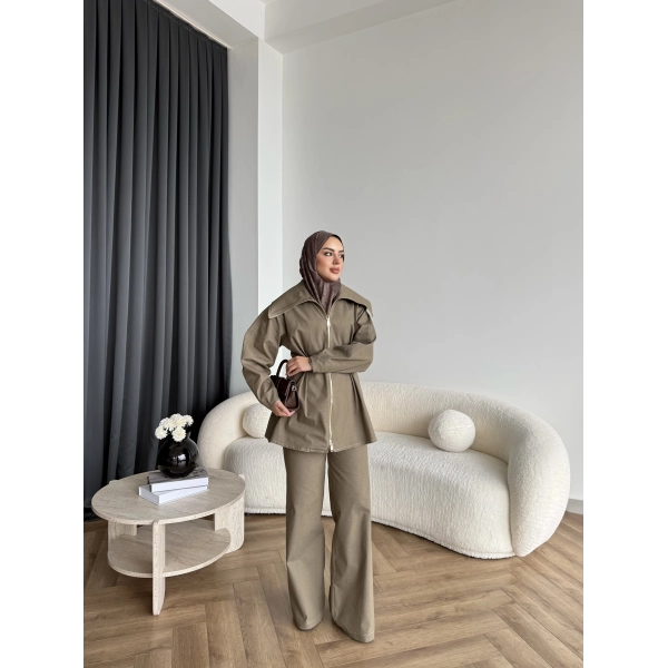 Tb - Selny Fermuarlı Kemerli Kot Takım - Yeşil