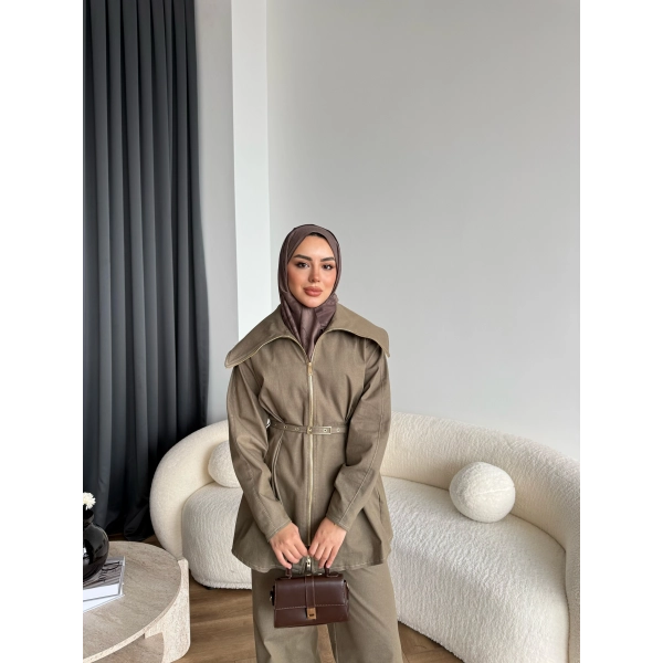 Tb - Selny Fermuarlı Kemerli Kot Takım - Yeşil