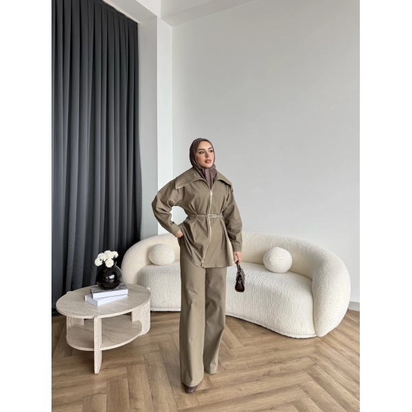 Tb - Selny Fermuarlı Kemerli Kot Takım - Yeşil