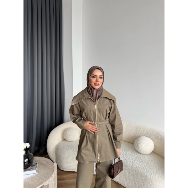 Tb - Selny Fermuarlı Kemerli Kot Takım - Yeşil