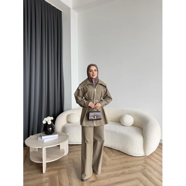 Tb - Selny Fermuarlı Kemerli Kot Takım - Yeşil