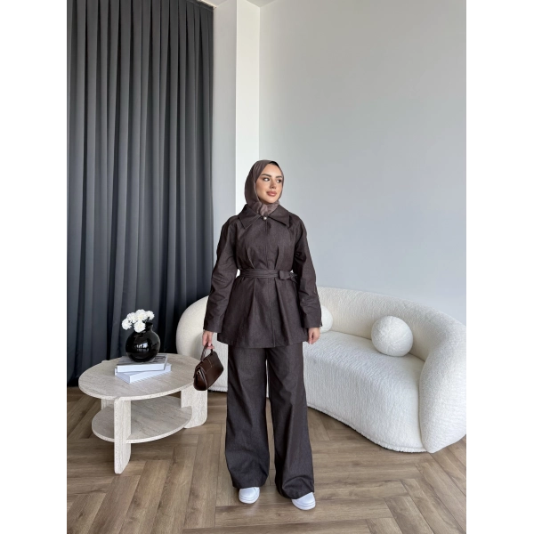 Tb - Yan Fermuar Detay Denim Takım - Kahve