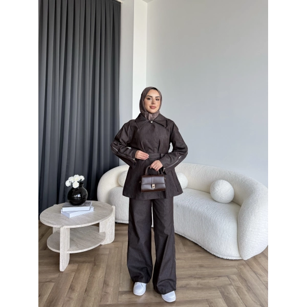 Tb - Yan Fermuar Detay Denim Takım - Kahve