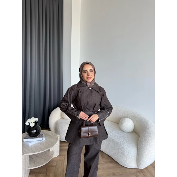 Tb - Yan Fermuar Detay Denim Takım - Kahve