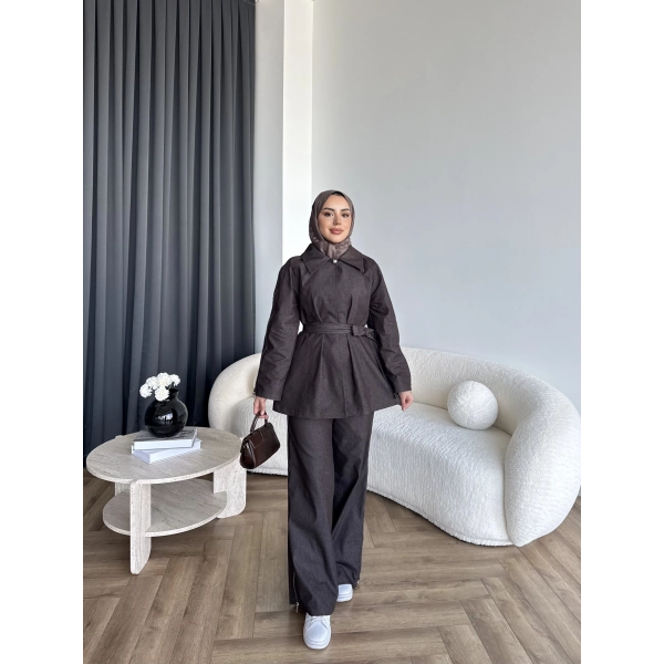 Tb - Yan Fermuar Detay Denim Takım - Kahve