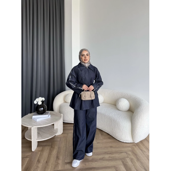 Tb - Yan Fermuar Detay Denim Takım - Lacivert