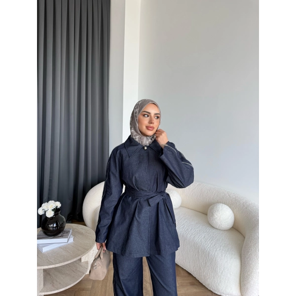 Tb - Yan Fermuar Detay Denim Takım - Lacivert