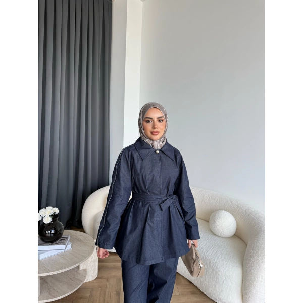 Tb - Yan Fermuar Detay Denim Takım - Lacivert