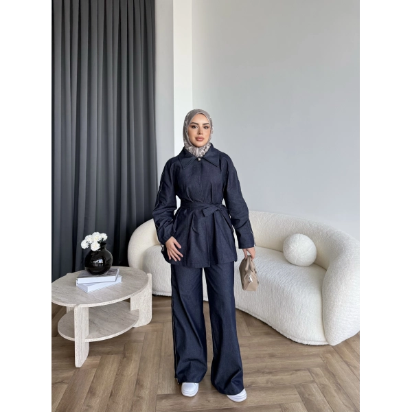 Tb - Yan Fermuar Detay Denim Takım - Lacivert