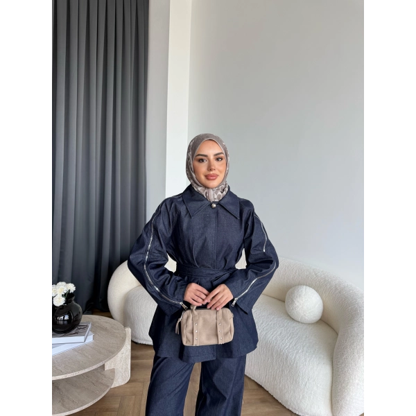 Tb - Yan Fermuar Detay Denim Takım - Lacivert