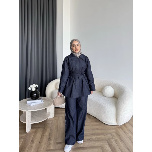 Tb - Yan Fermuar Detay Denim Takım - Lacivert