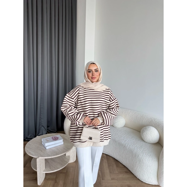 Twist Çizgili Sweat - Bordo