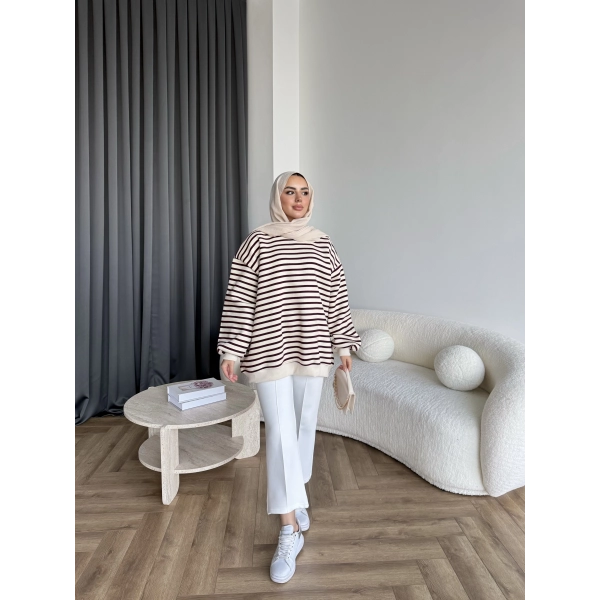 Twist Çizgili Sweat - Bordo