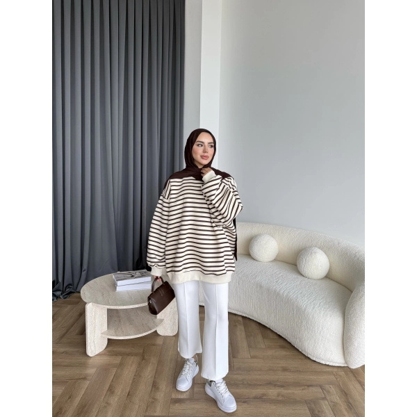 Twist Çizgili Sweat - Kahve