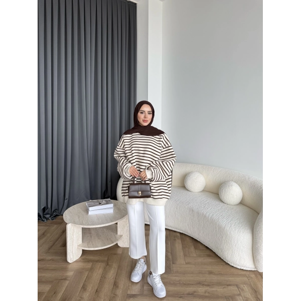 Twist Çizgili Sweat - Kahve