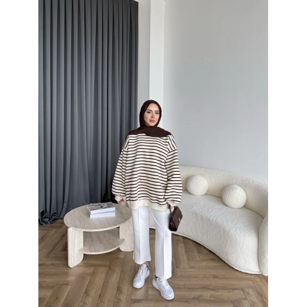 Twist Çizgili Sweat - Kahve