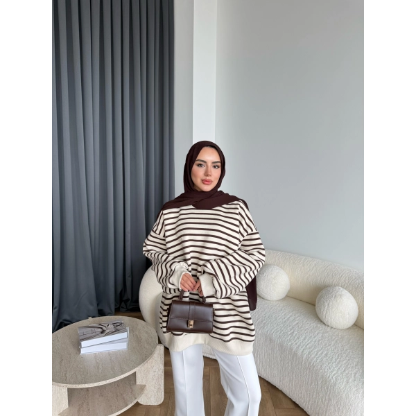 Twist Çizgili Sweat - Kahve