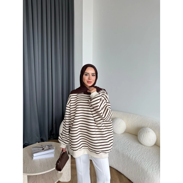 Twist Çizgili Sweat - Kahve