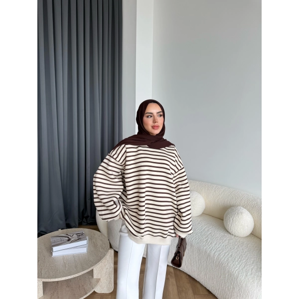 Twist Çizgili Sweat - Kahve