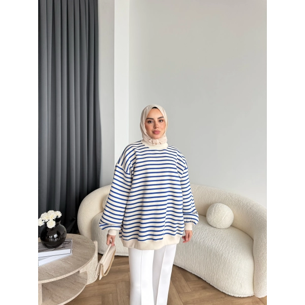 Twist Çizgili Sweat - Mavi