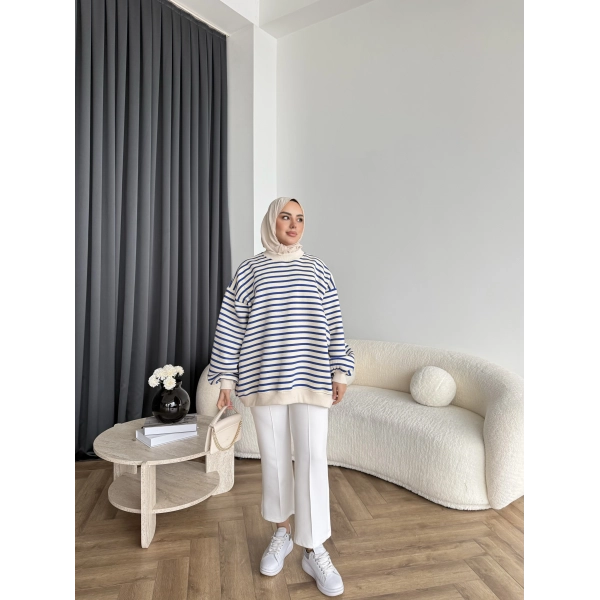 Twist Çizgili Sweat - Mavi