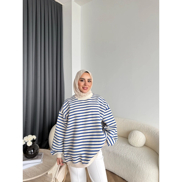 Twist Çizgili Sweat - Mavi