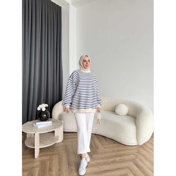 Twist Çizgili Sweat - Mavi