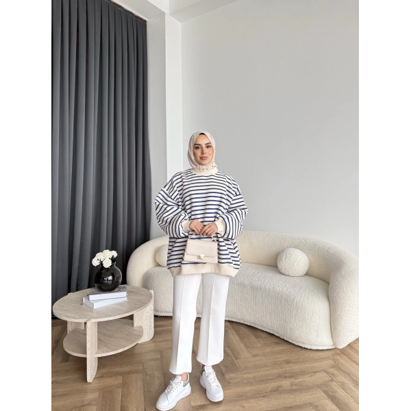 Twist Çizgili Sweat - Mavi