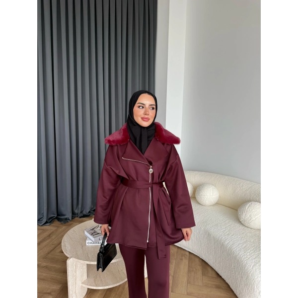 Vare Yakası Kürklü Scuba Takım - Bordo