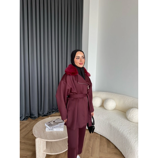 Vare Yakası Kürklü Scuba Takım - Bordo