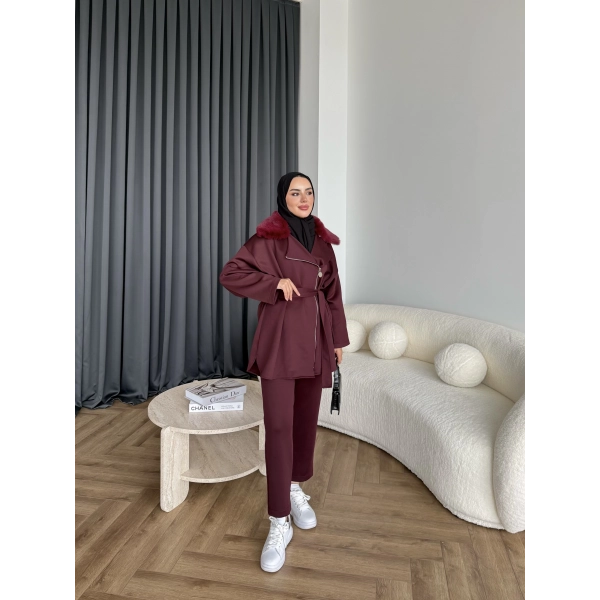 Vare Yakası Kürklü Scuba Takım - Bordo