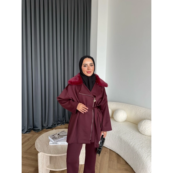 Vare Yakası Kürklü Scuba Takım - Bordo