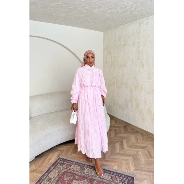 Veluna Kırışık Elbise - Pembe