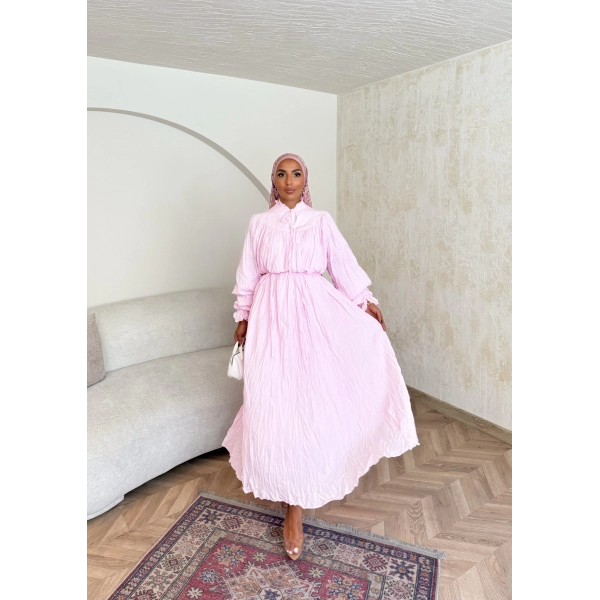 Veluna Kırışık Elbise - Pembe