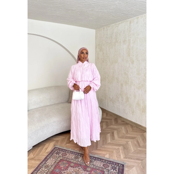 Veluna Kırışık Elbise - Pembe