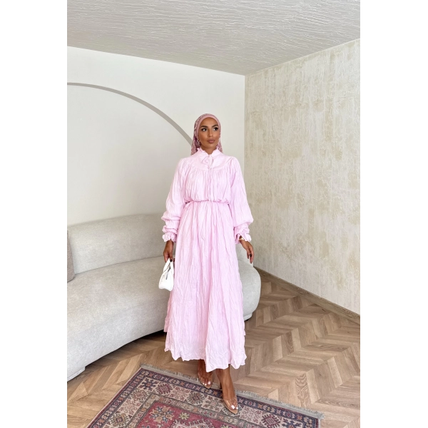 Veluna Kırışık Elbise - Pembe